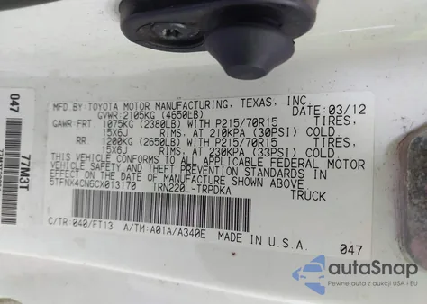 2012 Toyota Tacoma from USA, damaged, VIN 5TFNX4CN6CX013170